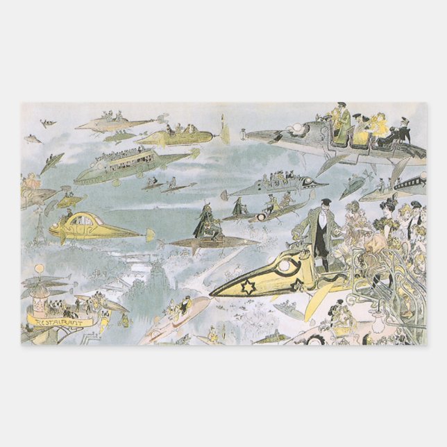 Pegatina Rectangular Viñeta Ciencia Ficción Carros Futuristas, taxis (Anverso)