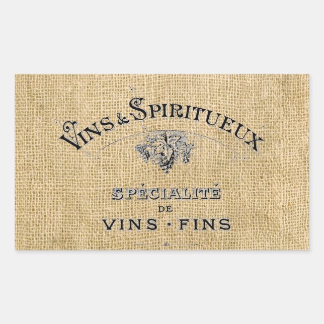 Pegatina Rectangular Vino francés en Burlap (Anverso)