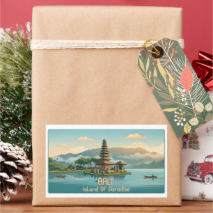 Pegatina Rectangular Vintage Bali Ulun Danu Beratan Lago Templo Viaje