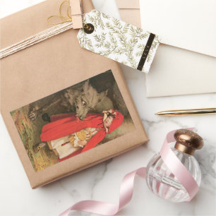 Pegatina Rectangular Vintage Caperucita Roja y gran lobo malo