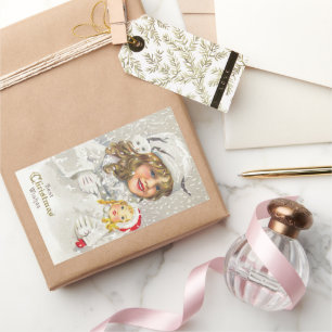 Pegatina Rectangular Vintage Chica victoriano de Navidad con muñeca en