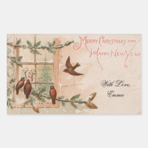 Pegatina Rectangular Vintage Christmas Card Birds Window Dancing Pareja