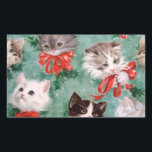 Pegatina Rectangular Vintage Christmas Cats<br><div class="desc">Hermosa imagen vintage de rostros de gatos negros,  grises y blancos jugando o usando un arco de cinta roja. Mezclado en un fondo verde,  con algunas hojas de mistletoe,  este diseño es perfecto para los amantes del gato.</div>