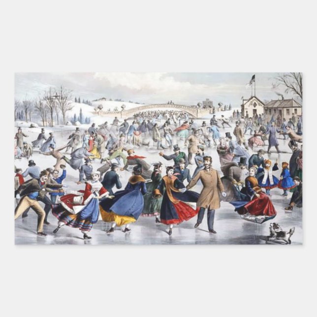 Pegatina Rectangular Vintage Christmas Central Park Ice Skaters (Anverso)