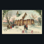 Pegatina Rectangular Vintage Christmas Church Parishoners en misa al am<br><div class="desc">Ilustracion de época Navidades victorianos imagen de feriado que presenta una hermosa iglesia con vidrieras en las vidrieras al amanecer el Día del Navidad. Los feligreses caminan en la nieve para ir a la misa del amanecer o a la "misa del pastor"</div>