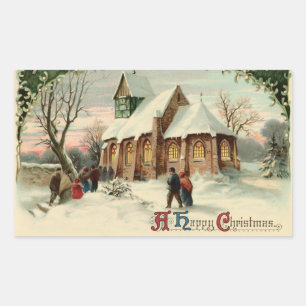 Pegatina Rectangular Vintage Christmas Church Parishoners en misa al am