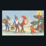 Pegatina Rectangular Vintage Christmas, Elves in the Snow Forest Winter<br><div class="desc">Ilustracion Vintage Victoria Festividad navideña Feliz Navidad con elfos con barbas y gorras puntiagudos caminando en la nieve. Parecen nisse de tomte, nisse o tomtenisse (Suecia) (Noruega y Dinamarca) o tonttu (Finlandia), una criatura mitológica del folklore escandinavo nórdico. El elfo azul lleva una corona, el elfo verde lleva un saco...</div>