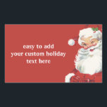 Pegatina Rectangular Vintage Christmas, Jolly Santa Claus Winning<br><div class="desc">¡pegatinas fáciles de personalizar! Solo agrega tu propio mensaje especial de vacaciones. Diseño de vacaciones de Navidades de ilustracion de época con un alegre y feliz Santa Claus guiñando el ojo como si tuviera un secreto. Él lleva puesto un gorra con hojas huecas.</div>