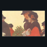 Pegatina Rectangular Vintage Christmas, Love and Romance Gift Shopping<br><div class="desc">Ilustracion de época Feliz Navidad,  amor e imagen romántica con una pareja de compras durante la carrera de los Navidades. Están cargando regalos envueltos y hojas huecas con bayas rojas.</div>