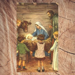 Pegatina Rectangular Vintage Christmas, Religious Nativity w Baby Jesus<br><div class="desc">Vintage illustration religious Christmas holiday image featuring a beautiful classic nativity family scene with Mary,  Joseph and the infant Jesus Christ in the manger in Bethlehem. A Christian religion scene with children gathered holding hands around the baby boy child.</div>