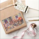 Pegatina Rectangular Vintage Christmas, Santa Claus con Elves Workshop<br><div class="desc">Ilustracion de la Vintage. Imagen de feriado de Navidad con Jolly San Nicolás y sus elfos ocupados construyendo juguetes, muñecas, caballos mecedores, etc. en el taller de Santa en el Polo Norte en la Víspera de los Navidades. Santa Claus está revisando su lista traviesa o buena una vez más para...</div>