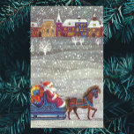 Pegatina Rectangular Vintage Christmas, Santa Claus Horse Open Sleigh<br><div class="desc">Ilustracion de época Victorian Festividad navideña Feliz Navidad con un alegre Papá Noel montado en un caballo de trineos abiertos en la víspera de Navidades. Está nevando durante el invierno con una ciudad somnolienta a lo lejos. Árboles blancos cubiertos con ramas cubiertas de nieve mientras los copos de nieve caen...</div>