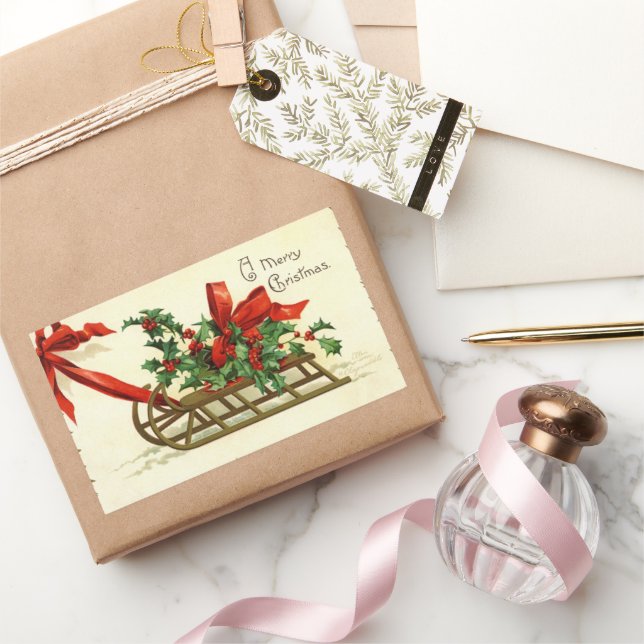 Pegatina Rectangular Vintage Christmas Sleigh saludo (Regalar)