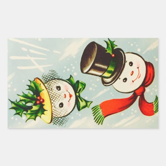 Pegatina Rectangular Vintage Christmas Snowman Couple (Anverso)