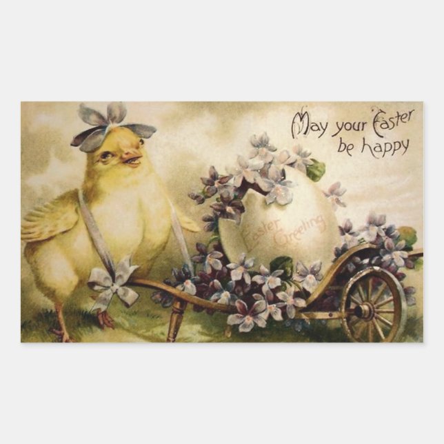 Pegatina Rectangular Vintage Easter Chick & Egg Cart (Anverso)