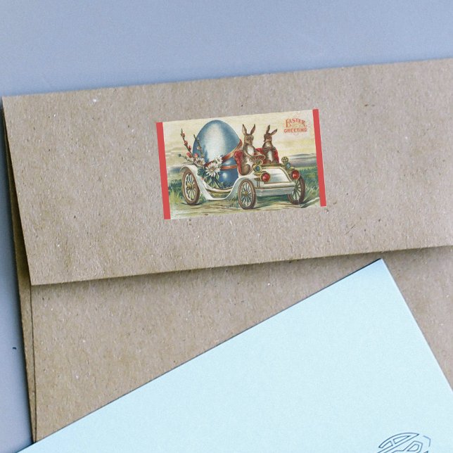 Pegatina Rectangular Vintage Easter Greetings Rabbits Antiguo Huevo de  (Rabbits driving old time car hauling big blue Easter Egg Red borders on Easter Greetings stickers.)