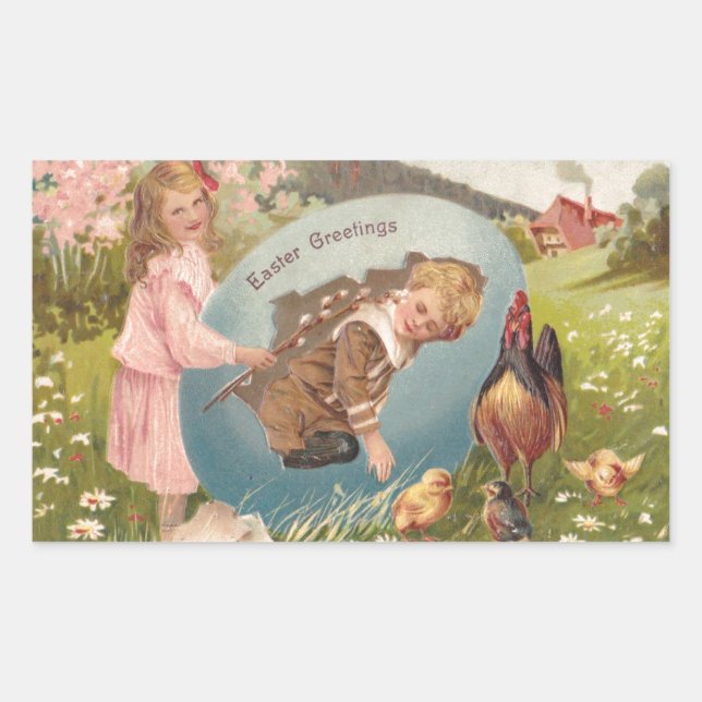 Pegatina Rectangular Vintage Easter Victorian Chica & Boy (Anverso)