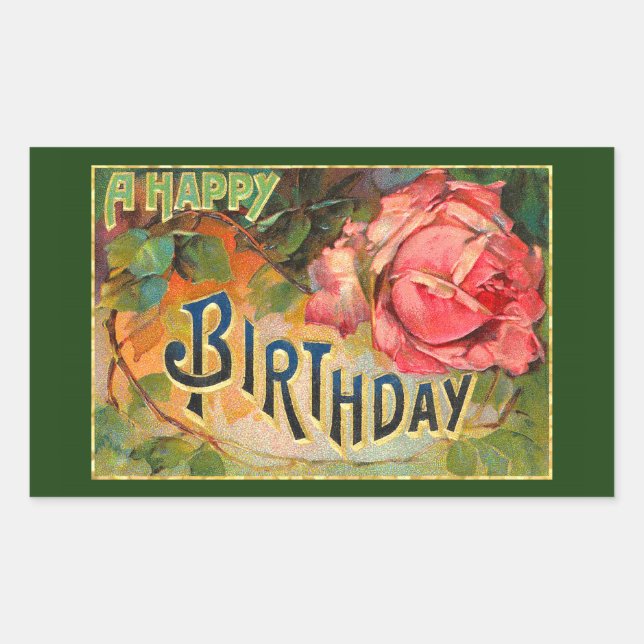 Pegatina Rectangular Vintage Floral Happy Birday (Anverso)