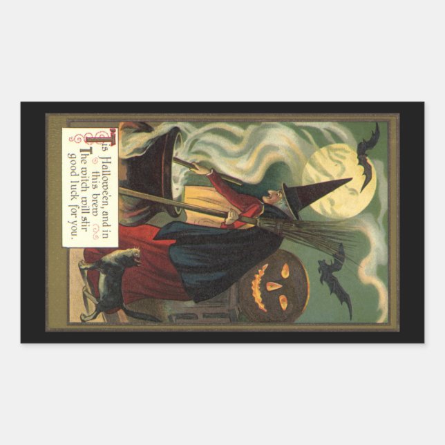 Pegatina Rectangular Vintage Halloween Witch Stirring Magic Cauldron (Anverso)