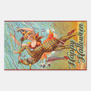 Pegatina Rectangular Vintage Happy Halloween Dancing in Jester