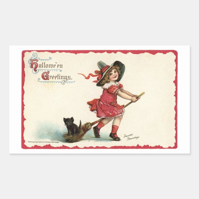 Pegatina Rectangular Vintage Little Girl Witch (Anverso)
