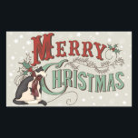 Pegatina Rectangular Vintage Merry Christmas Country Holiday<br><div class="desc">Este vintage diseño de tarjetas de felicitación para las fiestas navideñas de Feliz Navidad presenta un gato de campo blanco y negro con una proa de Navidades rojos. ~</div>