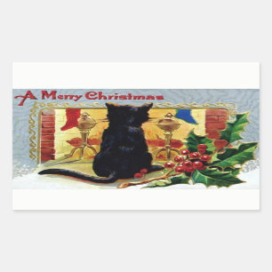Pegatina Rectangular Vintage Merry Christmas Kitten Fireplace Holly