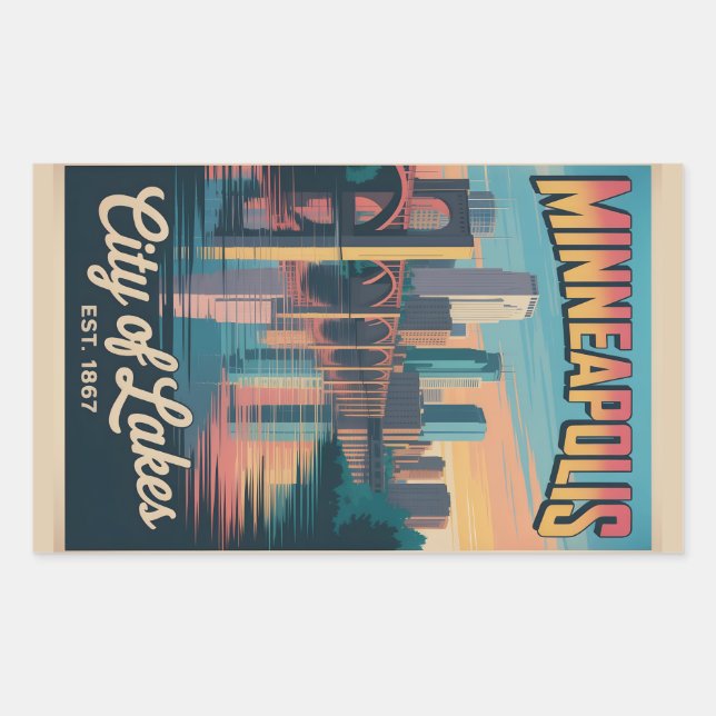 Pegatina Rectangular Vintage Minneapolis Minnesota Retro Travel Poster  (Anverso)