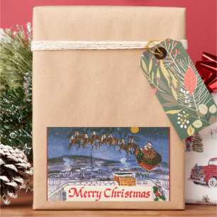 Pegatina Rectangular Vintage Navidad Santa Claus volando su Sleigh