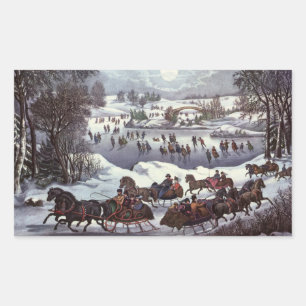 Pegatina Rectangular Vintage Navidad Sleighs, Central Park en Invierno