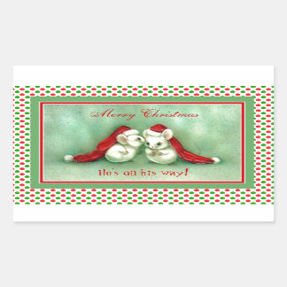 Pegatina Rectangular Vintage ratones de Navidad con sombreros rojos