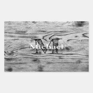 Pegatina Rectangular Vintage rústico gris madera quemada negro Monogram