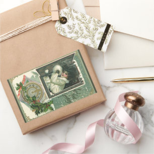 Pegatina Rectangular Vintage Saludos de Año Nuevo, Ventana Chica Victor