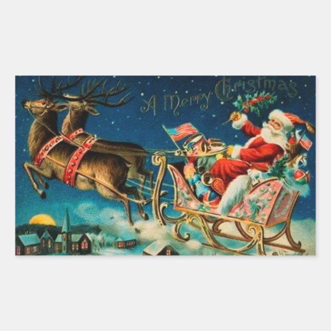 Pegatina Rectangular Vintage Santa Claus Sleigh Navidades (Anverso)