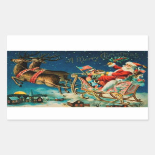 Pegatina Rectangular Vintage Santa Claus Sleigh Navidades
