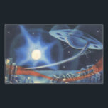 Pegatina Rectangular Vintage Science Ficción Blue Spaceship Over Planet<br><div class="desc">Planetas de ciencia ficción de ilustracion vintage e imagen espacial con una nave espacial sobrevolando un planeta. Tonos azules.</div>