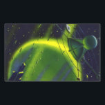 Pegatina Rectangular Vintage Science Ficción Green Planet w Spaceship<br><div class="desc">Planetas de ciencia ficción de ilustracion de época futurista e imagen del espacio exterior. Una nave espacial que vuela alrededor de la atmósfera de un planeta verde neón con muchos asteroides y estrellas en el cielo en el futuro. Un clásico diseño de historietas de ciencia ficción de los años 50....</div>