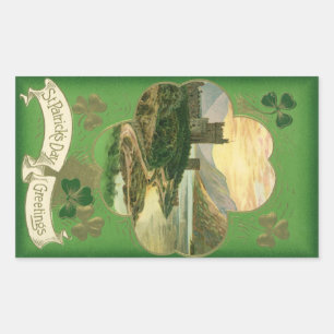 Pegatina Rectangular Vintage St Patricks Day Saludos Castillo Shamrock