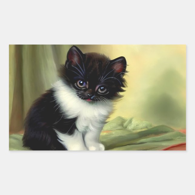 Pegatina Rectangular Vintage Tuxedo Kitten Ilustracion (Anverso)