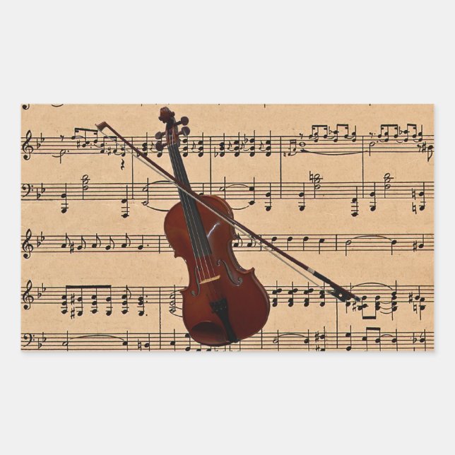 Pegatina Rectangular Violin con fondo de música de hojas (Anverso)