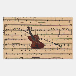 Pegatina Rectangular Violin con fondo de música de hojas