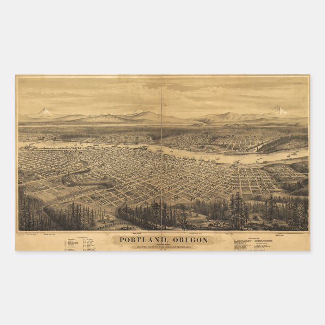 Pegatina Rectangular Vista aérea de Portland, Oregón (1879) (Anverso)