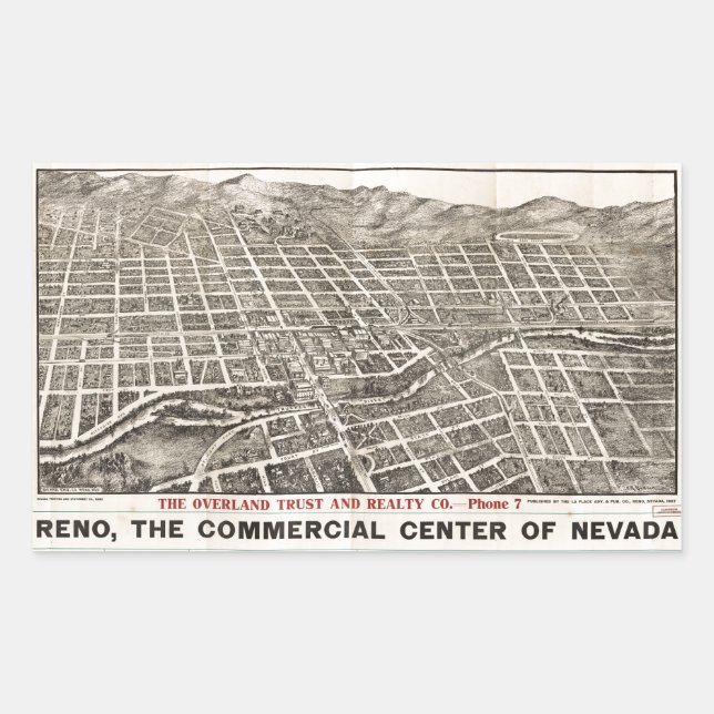 Pegatina Rectangular Vista aérea de Reno, Nevada (1907) (Anverso)