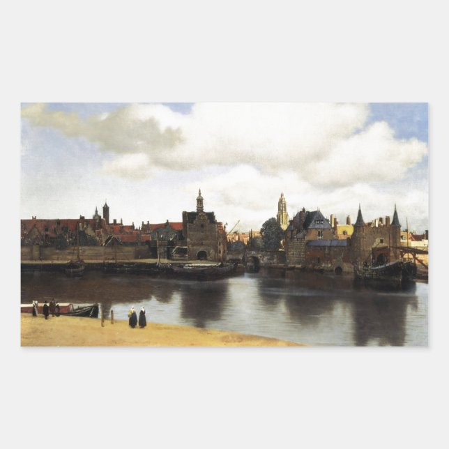 Pegatina Rectangular Vista de Delft por Johannes Vermeer (Anverso)