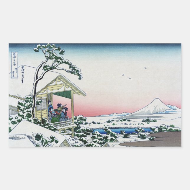 Pegatina Rectangular Vista de la Casa del Té Koishikawa al Monte Fuji p (Anverso)