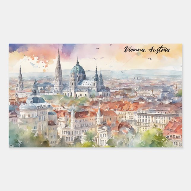 Pegatina Rectangular Vista panorámica de acuarela de Viena, Austria  (Anverso)