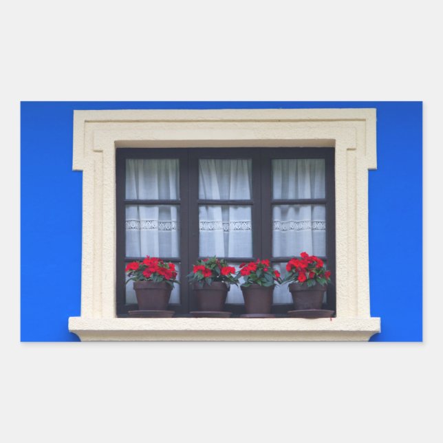 Pegatina Rectangular Viviendas con flores en ventanas (Anverso)