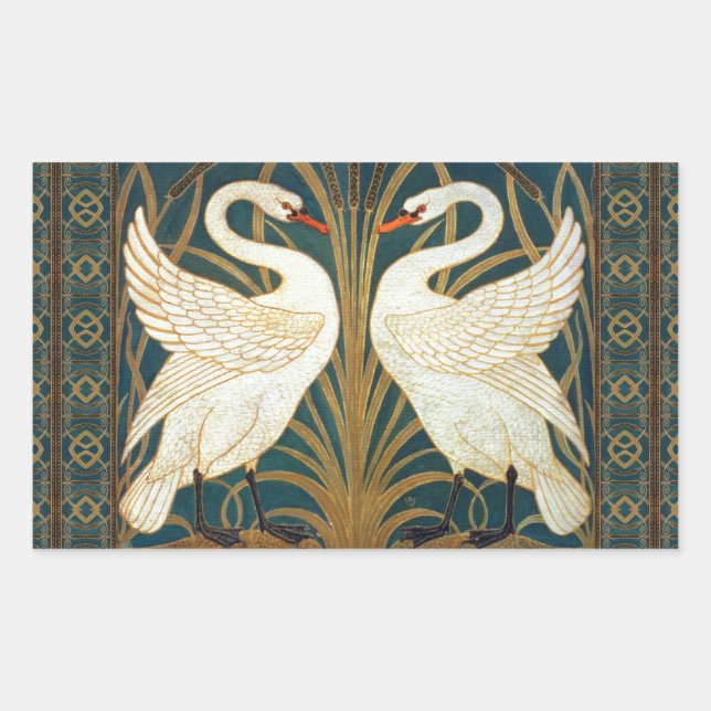 Pegatina Rectangular Walter Crane Swan, Rush E Iris Art Nouveau (Anverso)