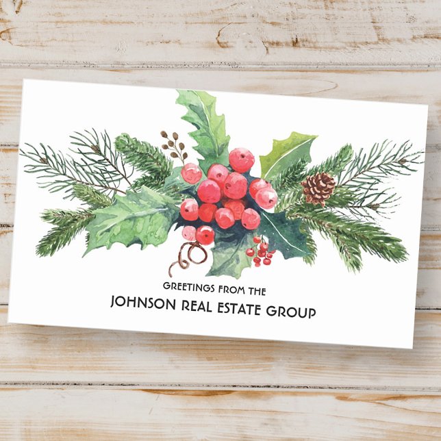 Pegatina Rectangular Watercolor Holly Pine & Berry | Sobre de vacacione (Subido por el creador)