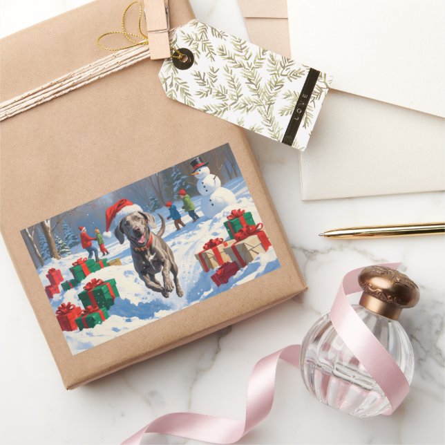 Pegatina Rectangular Weimaraner corre en Nieve con Gorra Navidad (Regalar)